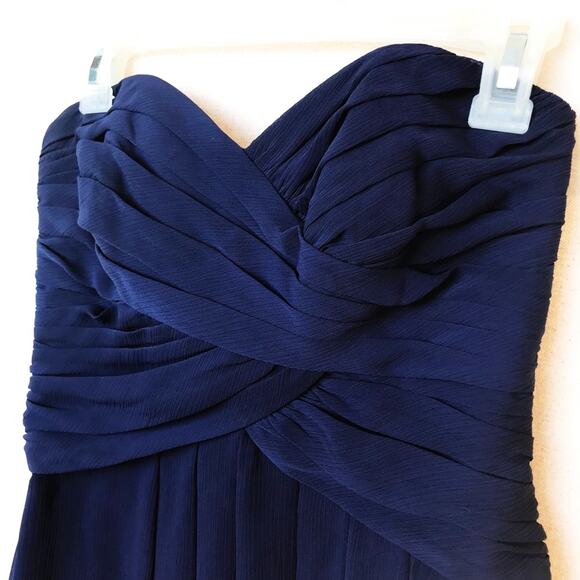 David's Bridal Short Crinkle Chiffon Dress Front Cascade Navy Strapless Mini - Picture 7 of 13